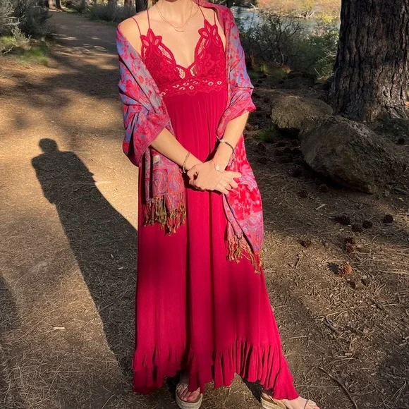 free people adella dress red Free People Adella Maxi Slip - Berry Red Slip Dress - Lace Maxi